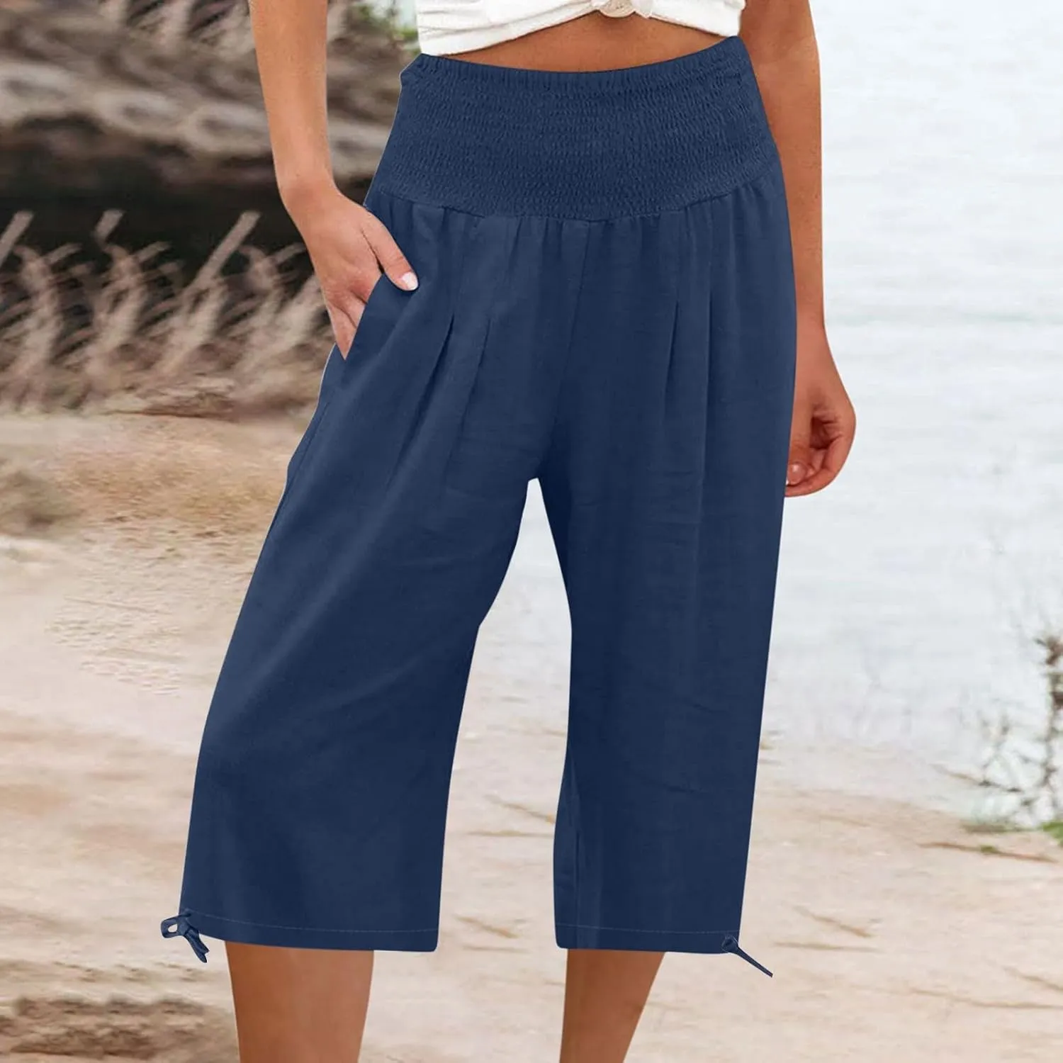 Shorts for Women Summer Cotton Linen Long Shorts Below The Knee High Waisted Loose Shrink Wide Leg Shorts Pants