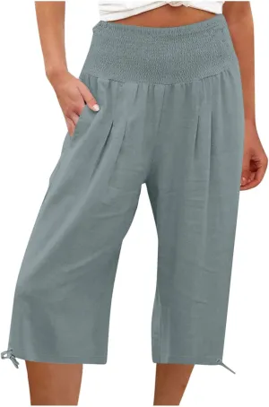 Shorts for Women Summer Cotton Linen Long Shorts Below The Knee High Waisted Loose Shrink Wide Leg Shorts Pants