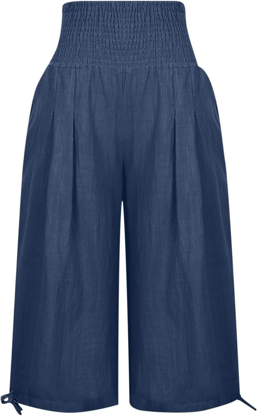 Shorts for Women Summer Cotton Linen Long Shorts Below The Knee High Waisted Loose Shrink Wide Leg Shorts Pants