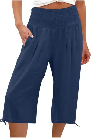 Shorts for Women Summer Cotton Linen Long Shorts Below The Knee High Waisted Loose Shrink Wide Leg Shorts Pants