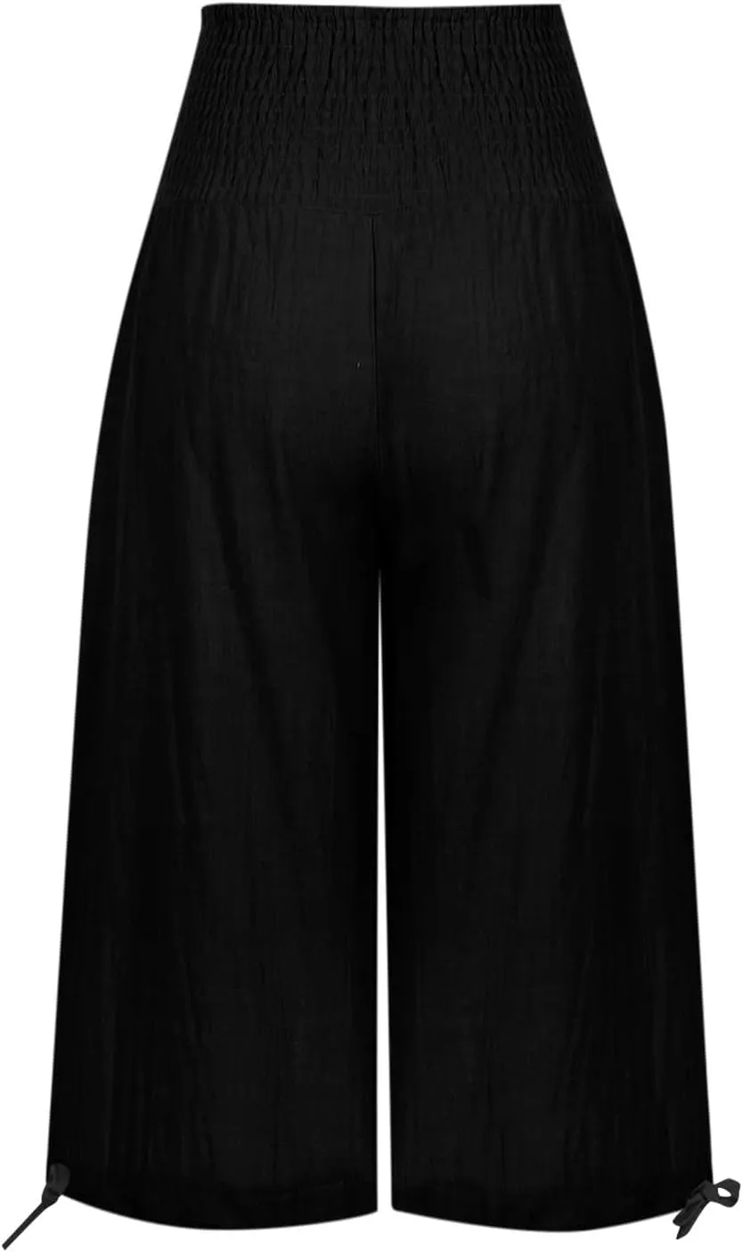 Shorts for Women Summer Cotton Linen Long Shorts Below The Knee High Waisted Loose Shrink Wide Leg Shorts Pants