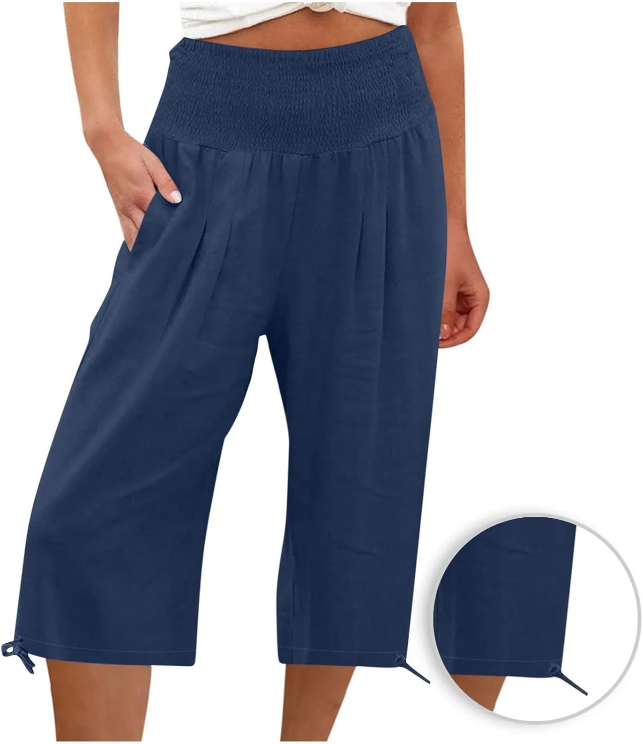 Shorts for Women Summer Cotton Linen Long Shorts Below The Knee High Waisted Loose Shrink Wide Leg Shorts Pants