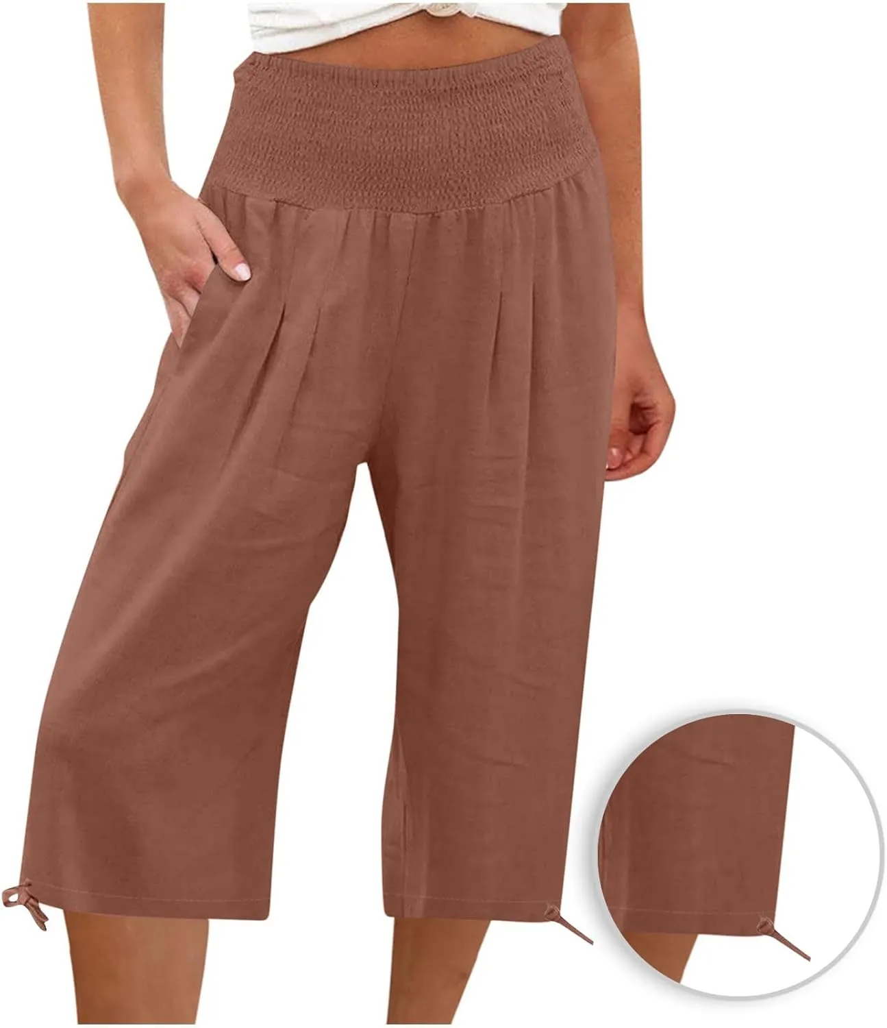 Shorts for Women Summer Cotton Linen Long Shorts Below The Knee High Waisted Loose Shrink Wide Leg Shorts Pants