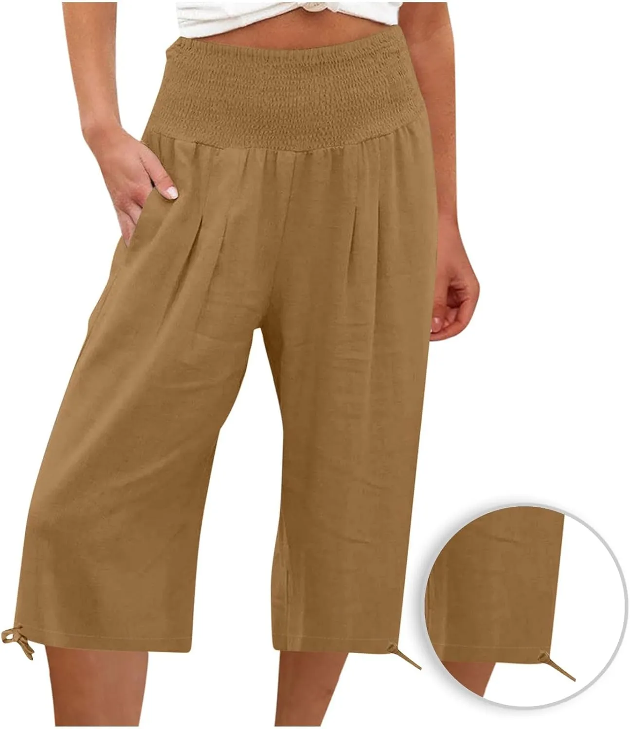 Shorts for Women Summer Cotton Linen Long Shorts Below The Knee High Waisted Loose Shrink Wide Leg Shorts Pants