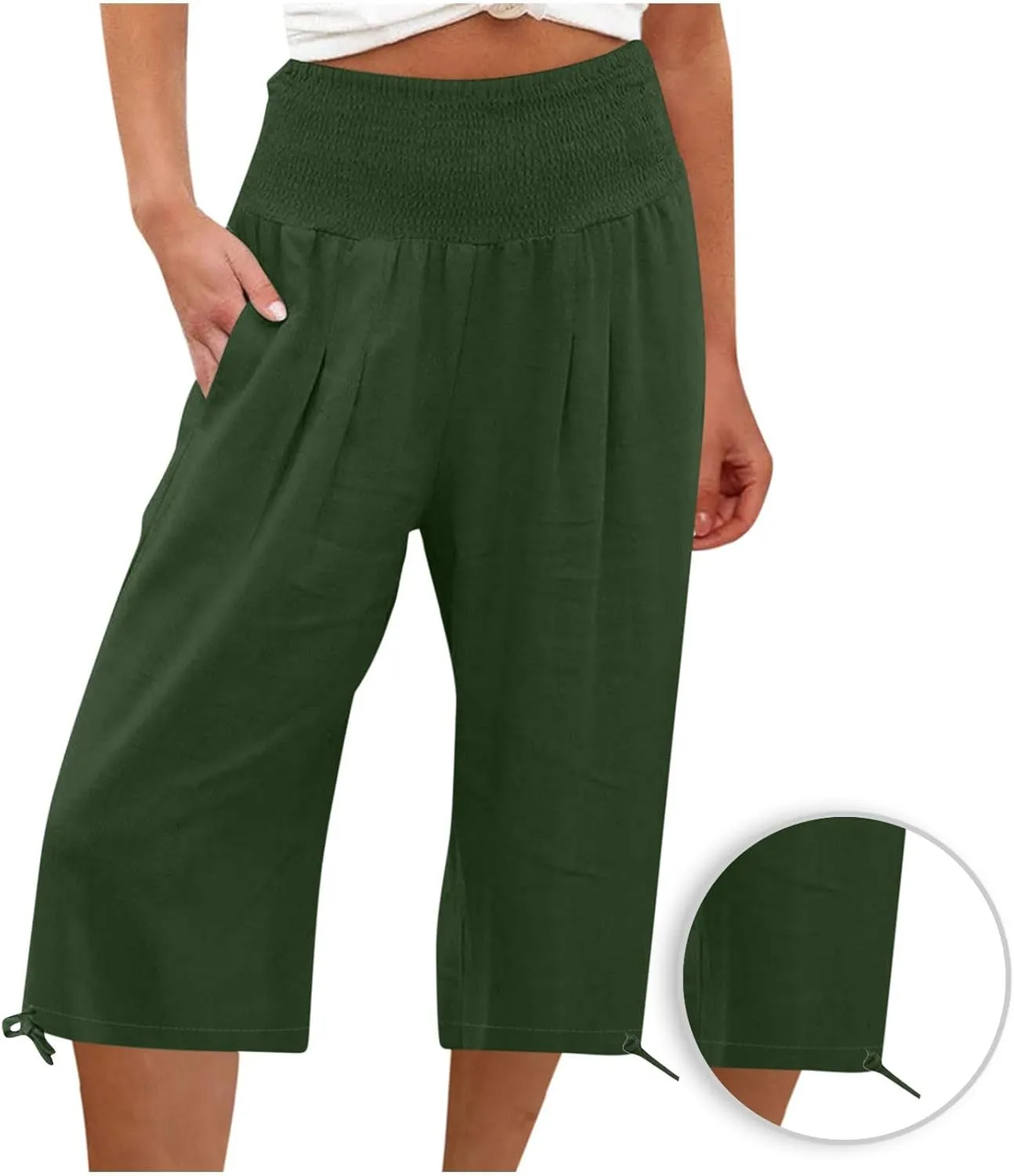Shorts for Women Summer Cotton Linen Long Shorts Below The Knee High Waisted Loose Shrink Wide Leg Shorts Pants