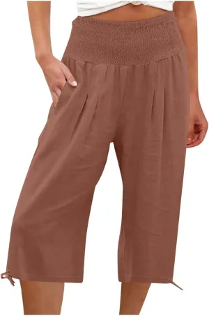 Shorts for Women Summer Cotton Linen Long Shorts Below The Knee High Waisted Loose Shrink Wide Leg Shorts Pants