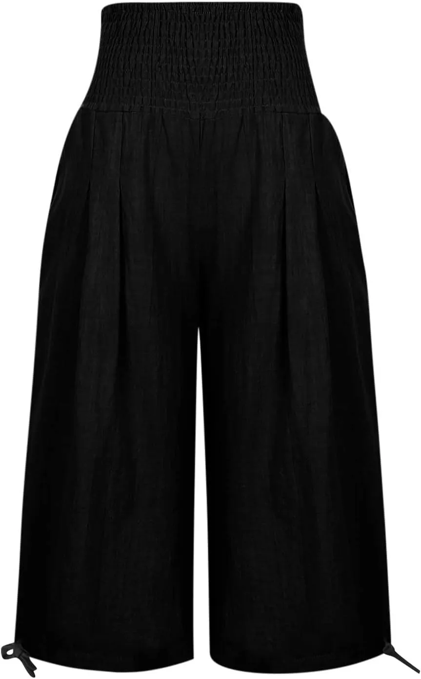 Shorts for Women Summer Cotton Linen Long Shorts Below The Knee High Waisted Loose Shrink Wide Leg Shorts Pants