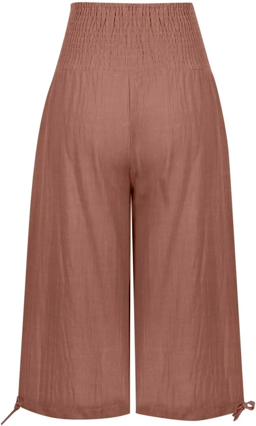 Shorts for Women Summer Cotton Linen Long Shorts Below The Knee High Waisted Loose Shrink Wide Leg Shorts Pants