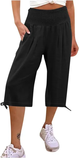 Shorts for Women Summer Cotton Linen Long Shorts Below The Knee High Waisted Loose Shrink Wide Leg Shorts Pants