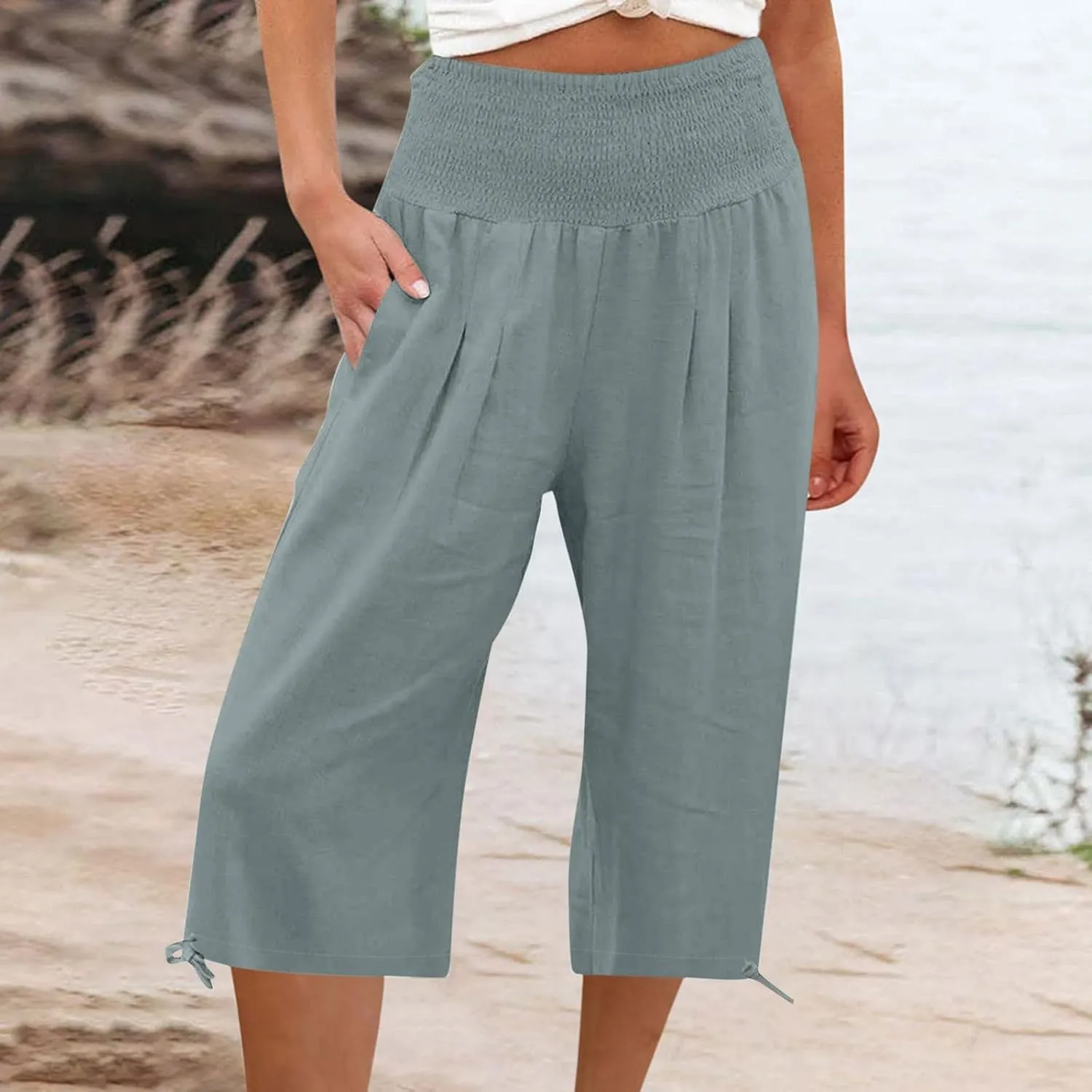 Shorts for Women Summer Cotton Linen Long Shorts Below The Knee High Waisted Loose Shrink Wide Leg Shorts Pants