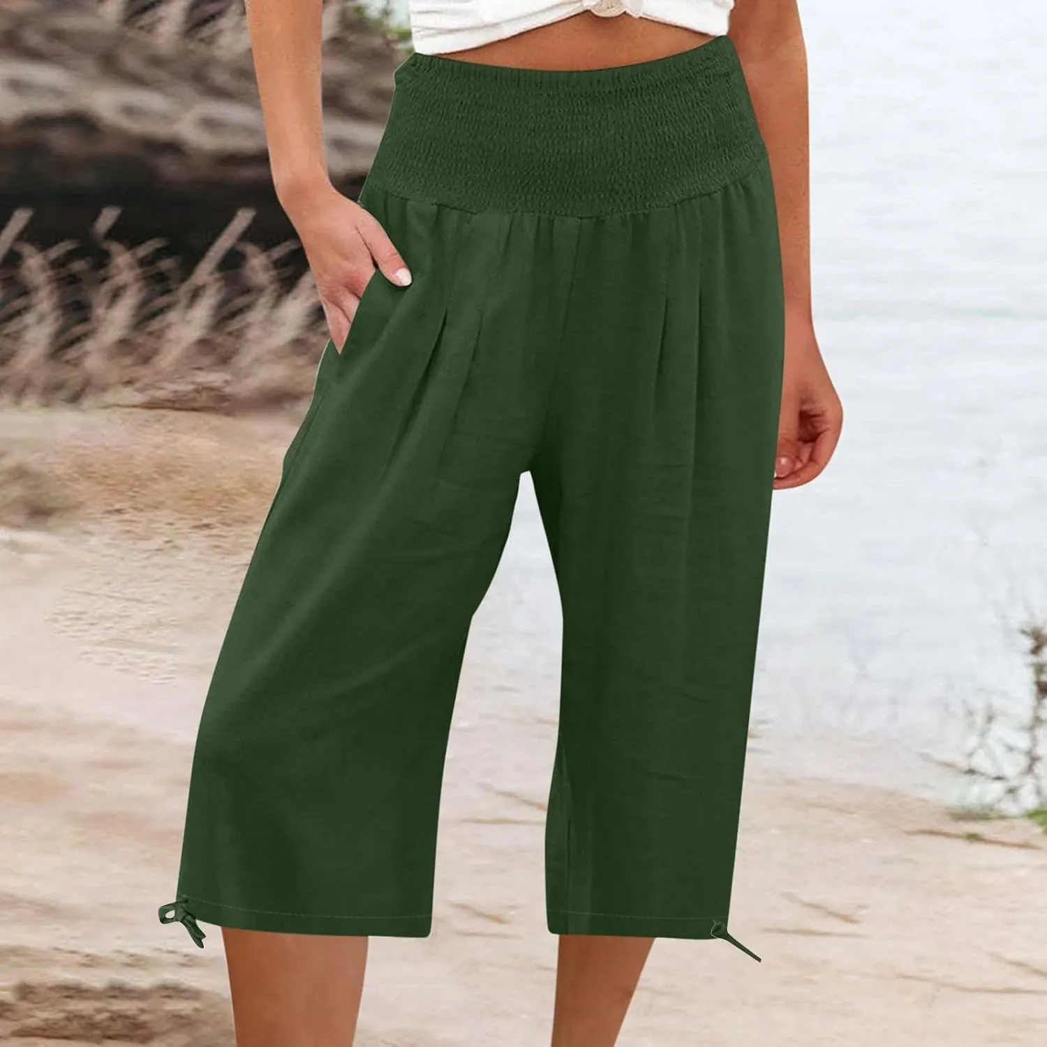 Shorts for Women Summer Cotton Linen Long Shorts Below The Knee High Waisted Loose Shrink Wide Leg Shorts Pants