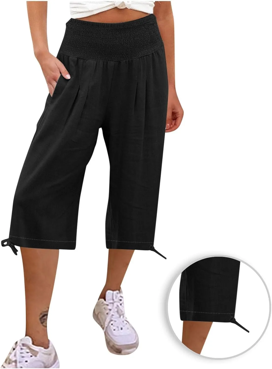 Shorts for Women Summer Cotton Linen Long Shorts Below The Knee High Waisted Loose Shrink Wide Leg Shorts Pants