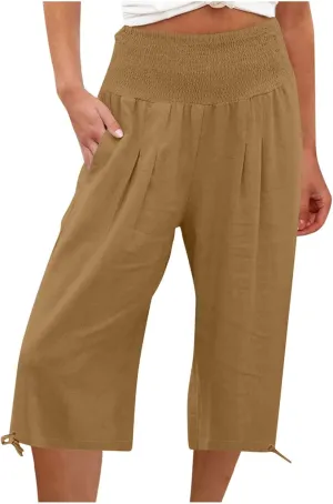 Shorts for Women Summer Cotton Linen Long Shorts Below The Knee High Waisted Loose Shrink Wide Leg Shorts Pants