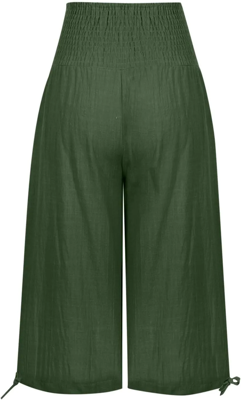 Shorts for Women Summer Cotton Linen Long Shorts Below The Knee High Waisted Loose Shrink Wide Leg Shorts Pants