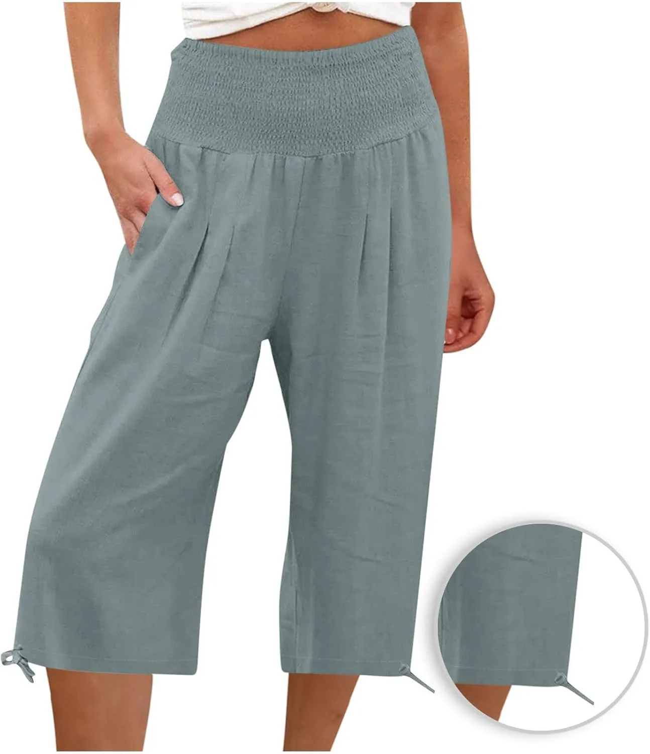 Shorts for Women Summer Cotton Linen Long Shorts Below The Knee High Waisted Loose Shrink Wide Leg Shorts Pants