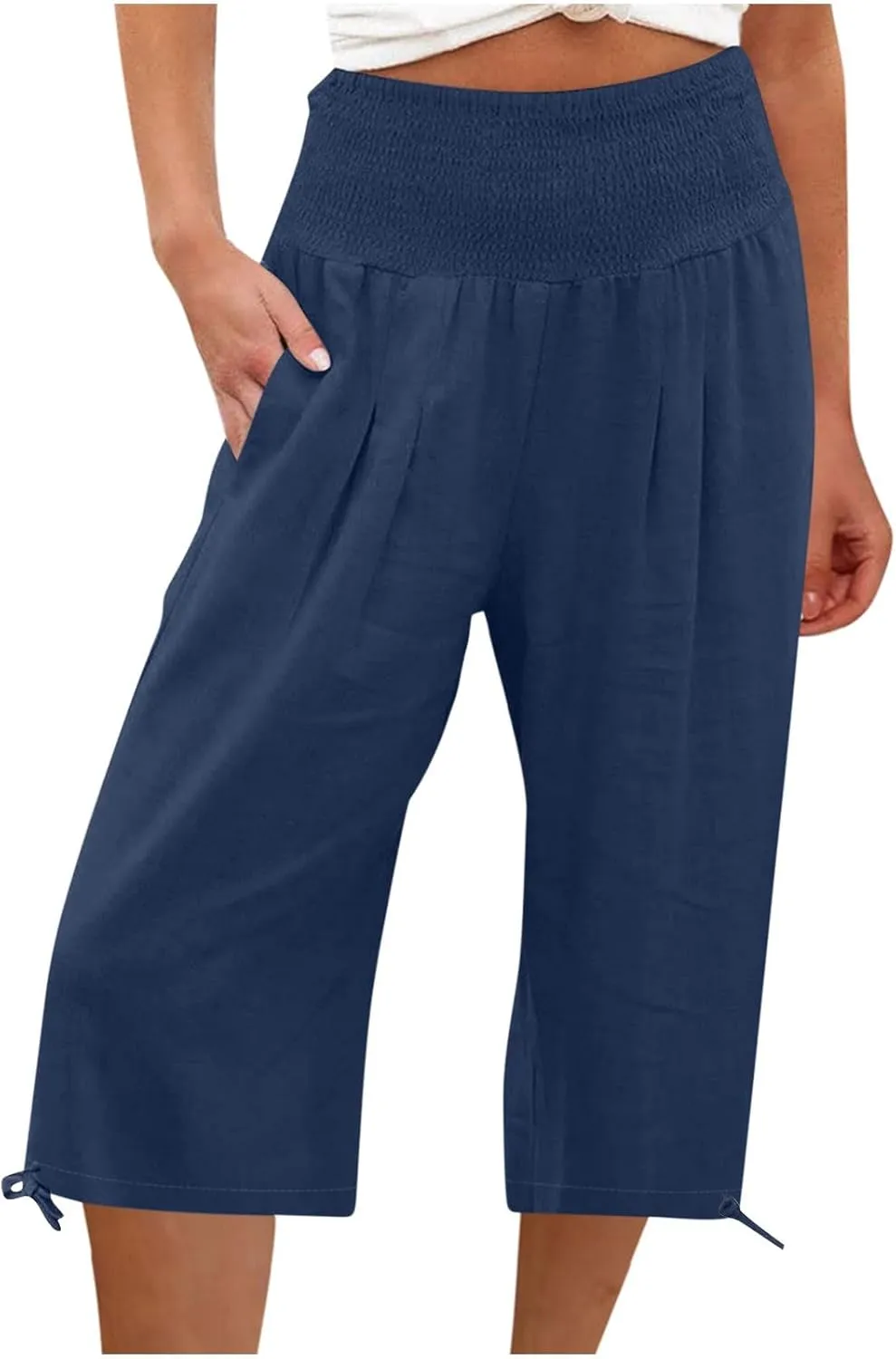 Shorts for Women Summer Cotton Linen Long Shorts Below The Knee High Waisted Loose Shrink Wide Leg Shorts Pants