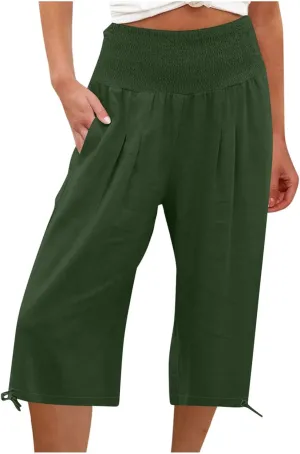 Shorts for Women Summer Cotton Linen Long Shorts Below The Knee High Waisted Loose Shrink Wide Leg Shorts Pants