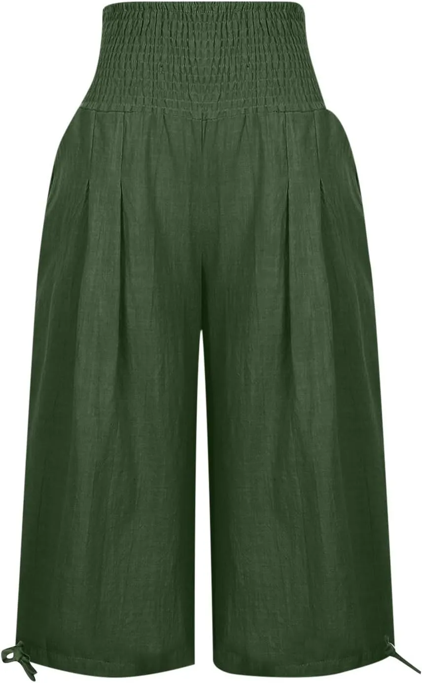 Shorts for Women Summer Cotton Linen Long Shorts Below The Knee High Waisted Loose Shrink Wide Leg Shorts Pants
