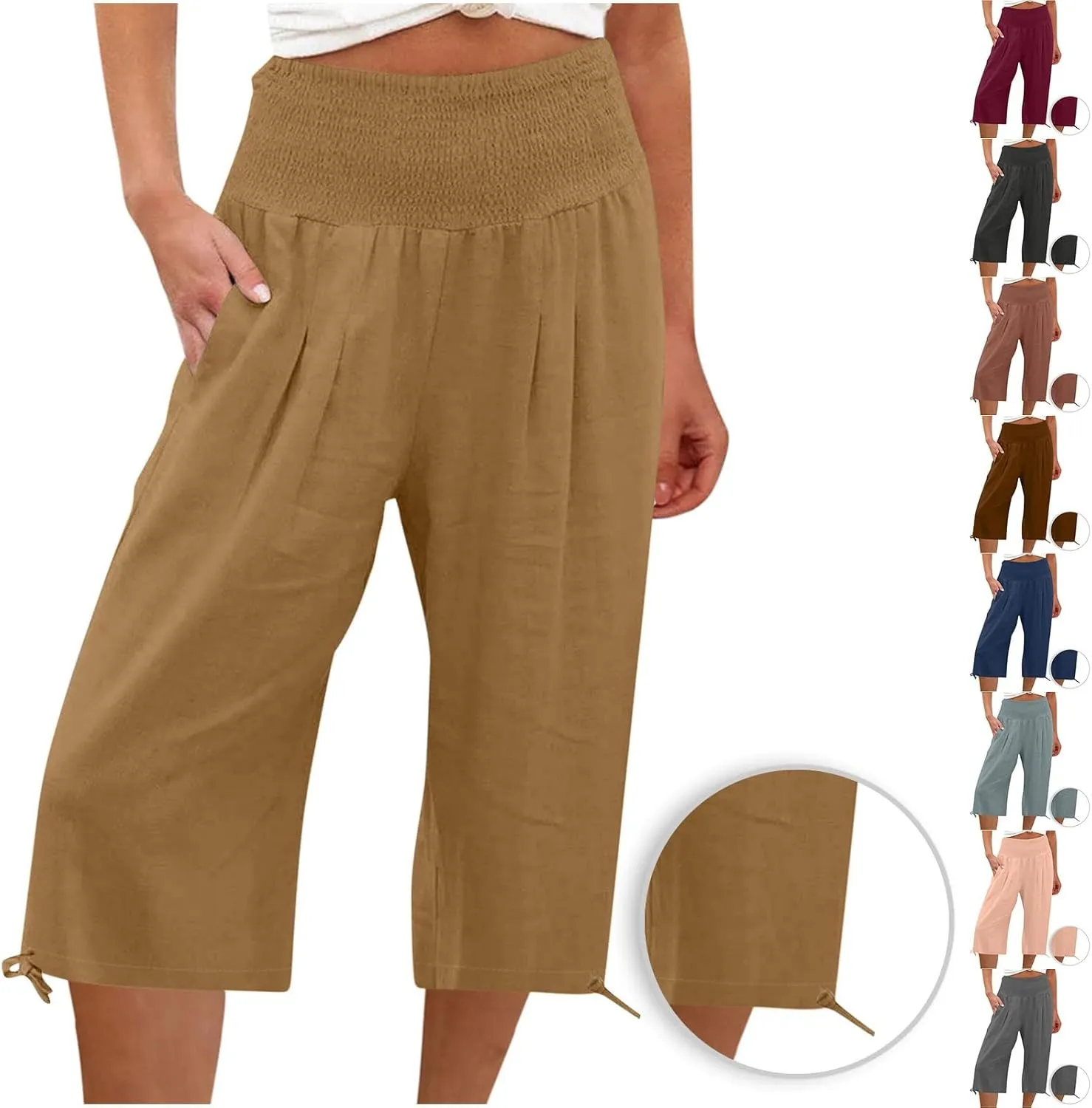 Shorts for Women Summer Cotton Linen Long Shorts Below The Knee High Waisted Loose Shrink Wide Leg Shorts Pants