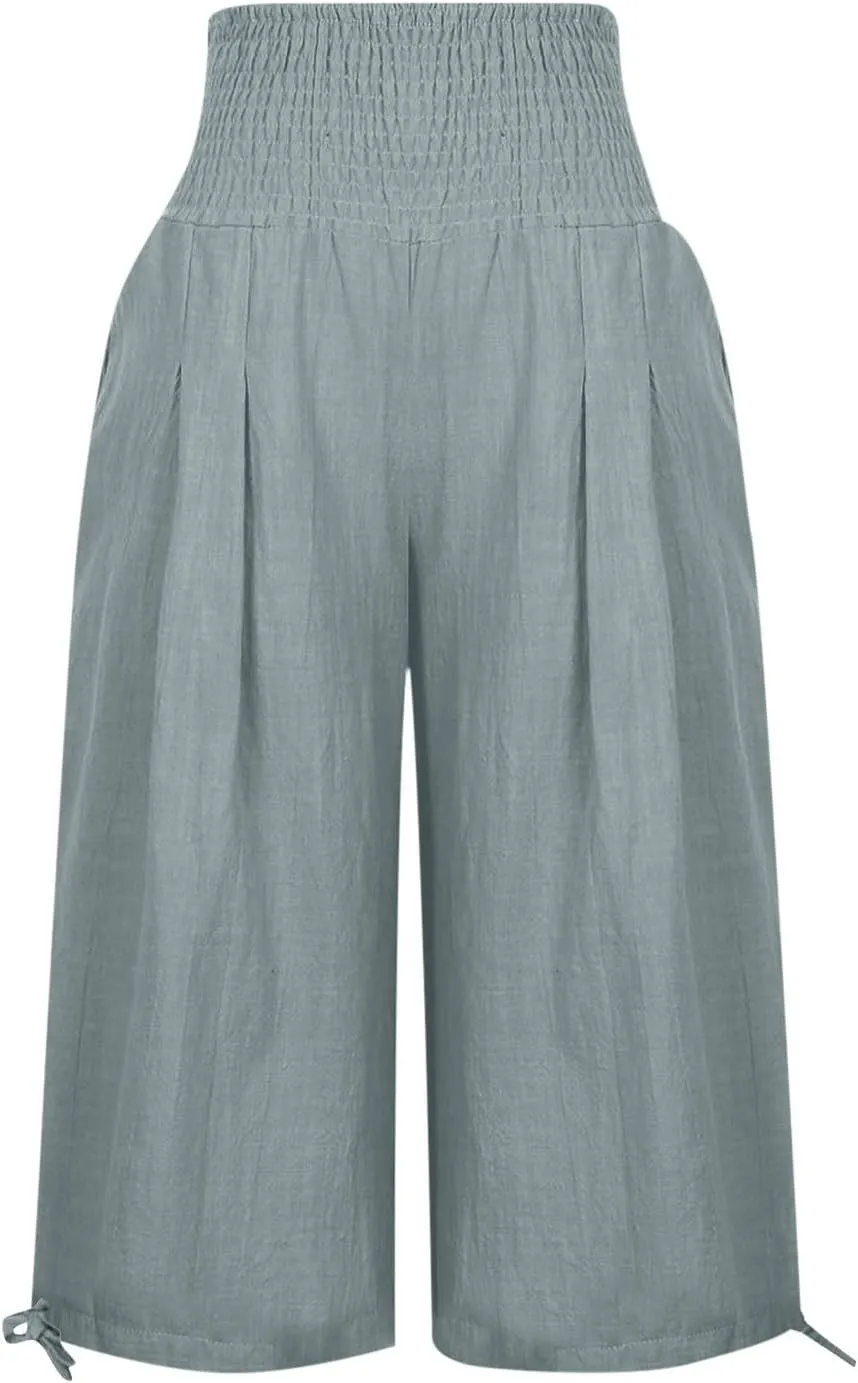 Shorts for Women Summer Cotton Linen Long Shorts Below The Knee High Waisted Loose Shrink Wide Leg Shorts Pants