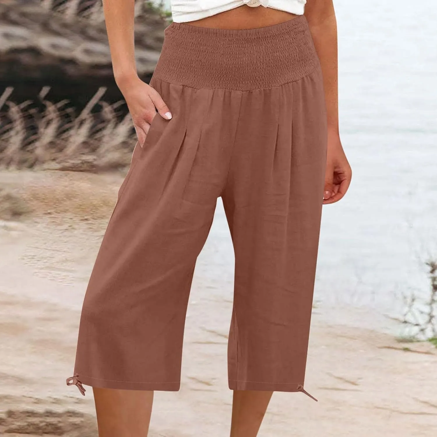 Shorts for Women Summer Cotton Linen Long Shorts Below The Knee High Waisted Loose Shrink Wide Leg Shorts Pants