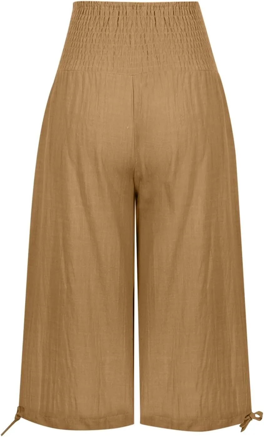Shorts for Women Summer Cotton Linen Long Shorts Below The Knee High Waisted Loose Shrink Wide Leg Shorts Pants