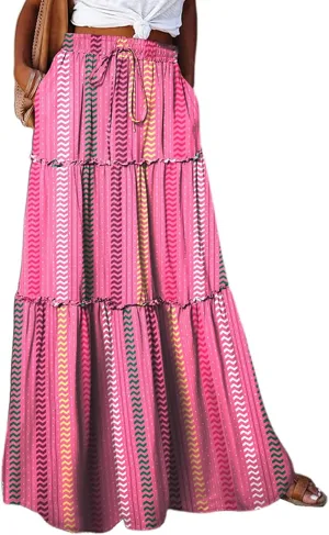 Skirts for Women,Ruffle Hem Flowy Maxi Skirts Trendy 2025 Summer Vacation Boho Elastic High Waist Drawstring