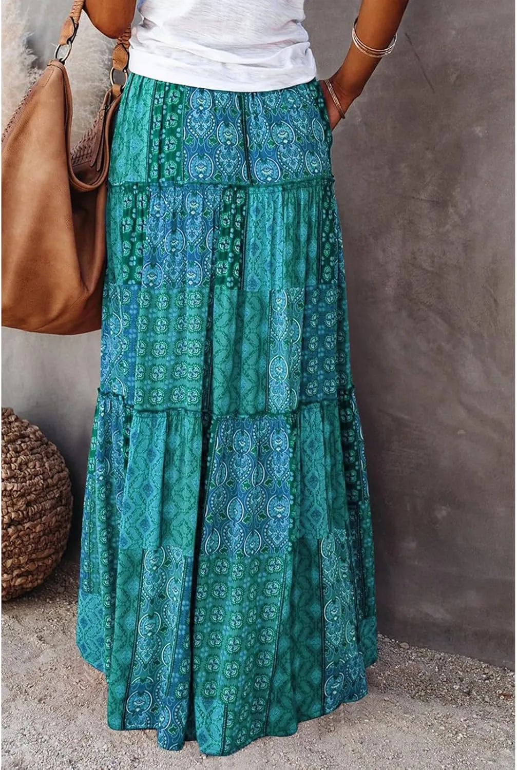 Skirts for Women,Ruffle Hem Flowy Maxi Skirts Trendy 2025 Summer Vacation Boho Elastic High Waist Drawstring