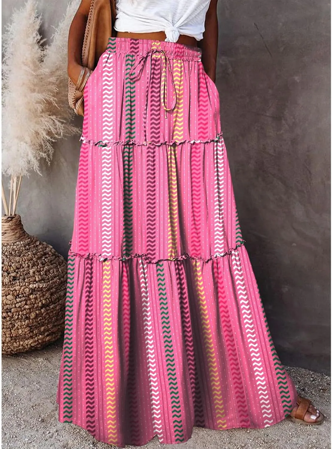 Skirts for Women,Ruffle Hem Flowy Maxi Skirts Trendy 2025 Summer Vacation Boho Elastic High Waist Drawstring
