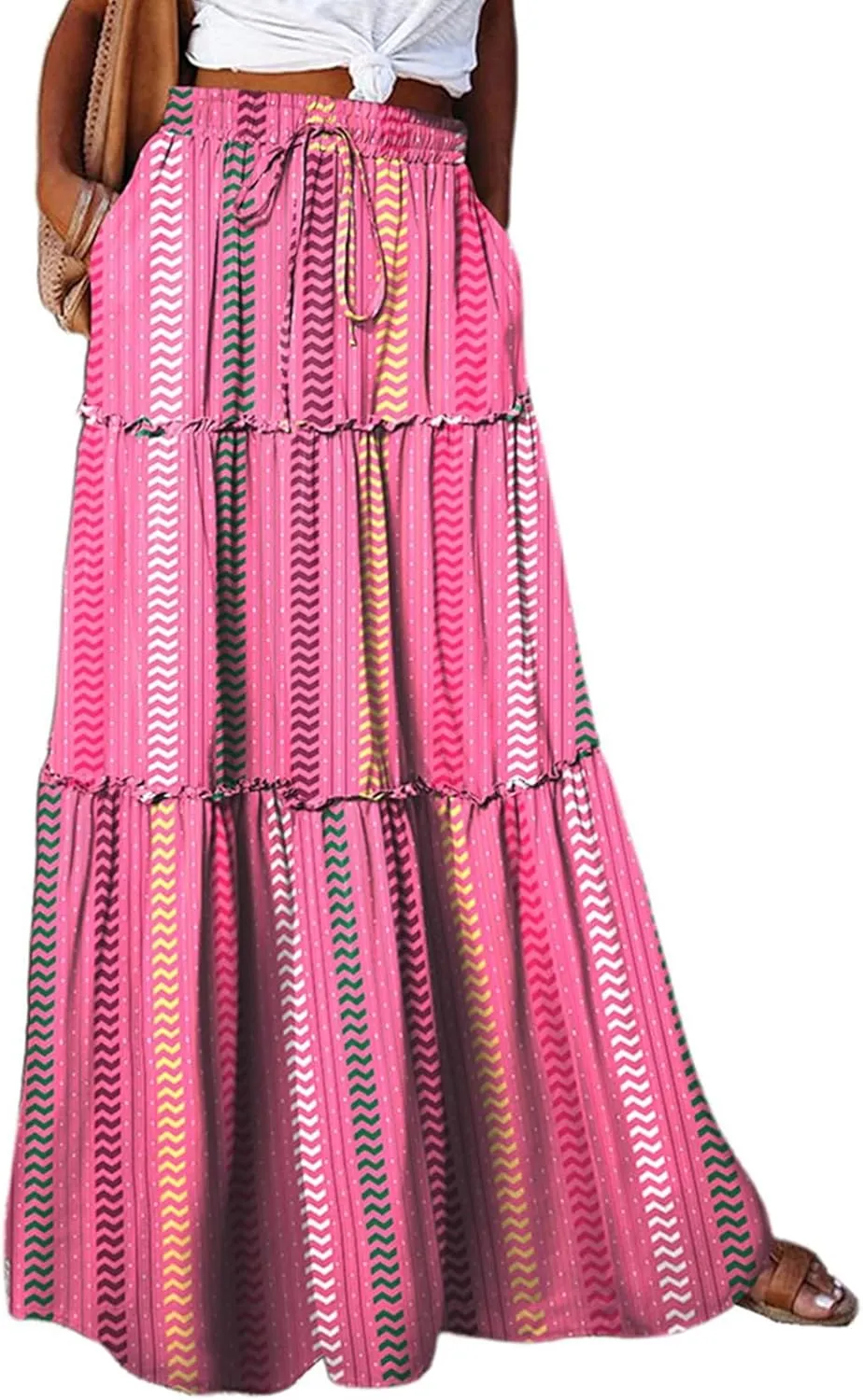 Skirts for Women,Ruffle Hem Flowy Maxi Skirts Trendy 2025 Summer Vacation Boho Elastic High Waist Drawstring