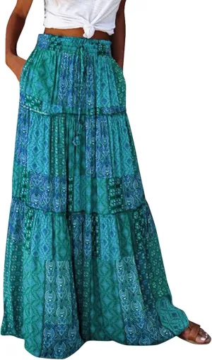 Skirts for Women,Ruffle Hem Flowy Maxi Skirts Trendy 2025 Summer Vacation Boho Elastic High Waist Drawstring