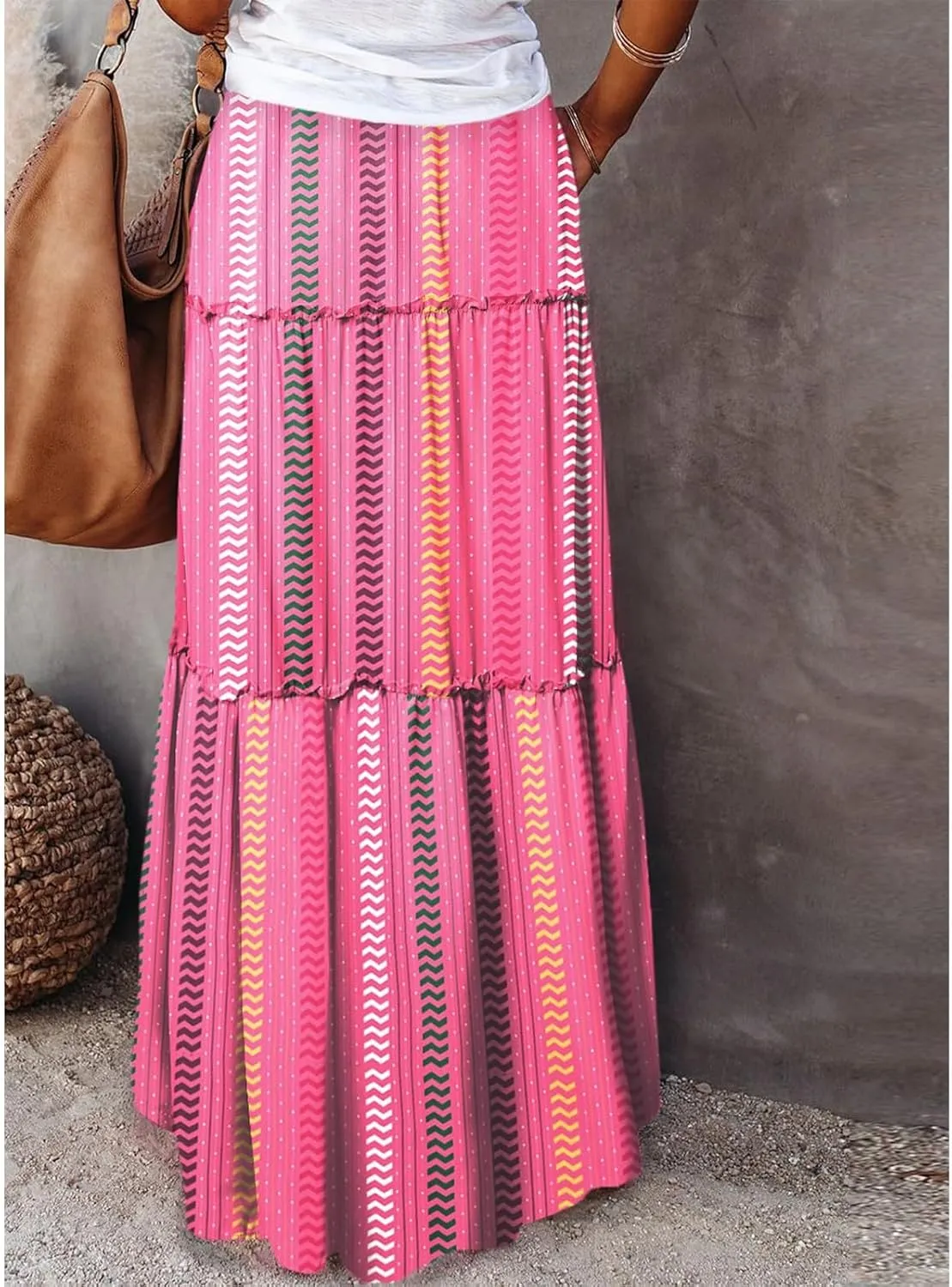 Skirts for Women,Ruffle Hem Flowy Maxi Skirts Trendy 2025 Summer Vacation Boho Elastic High Waist Drawstring