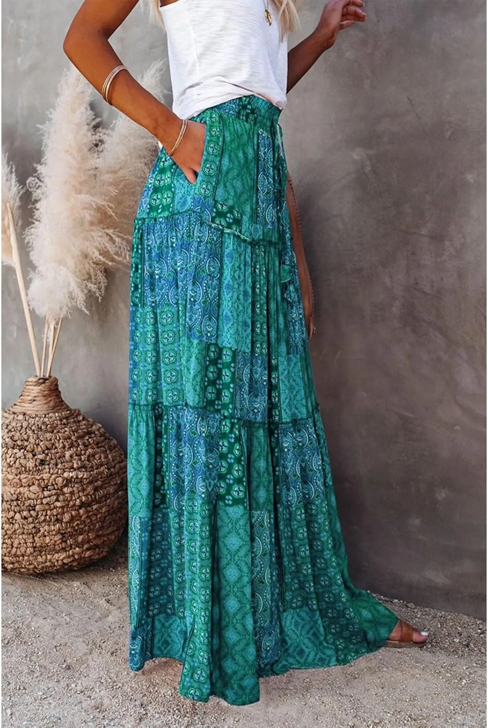 Skirts for Women,Ruffle Hem Flowy Maxi Skirts Trendy 2025 Summer Vacation Boho Elastic High Waist Drawstring
