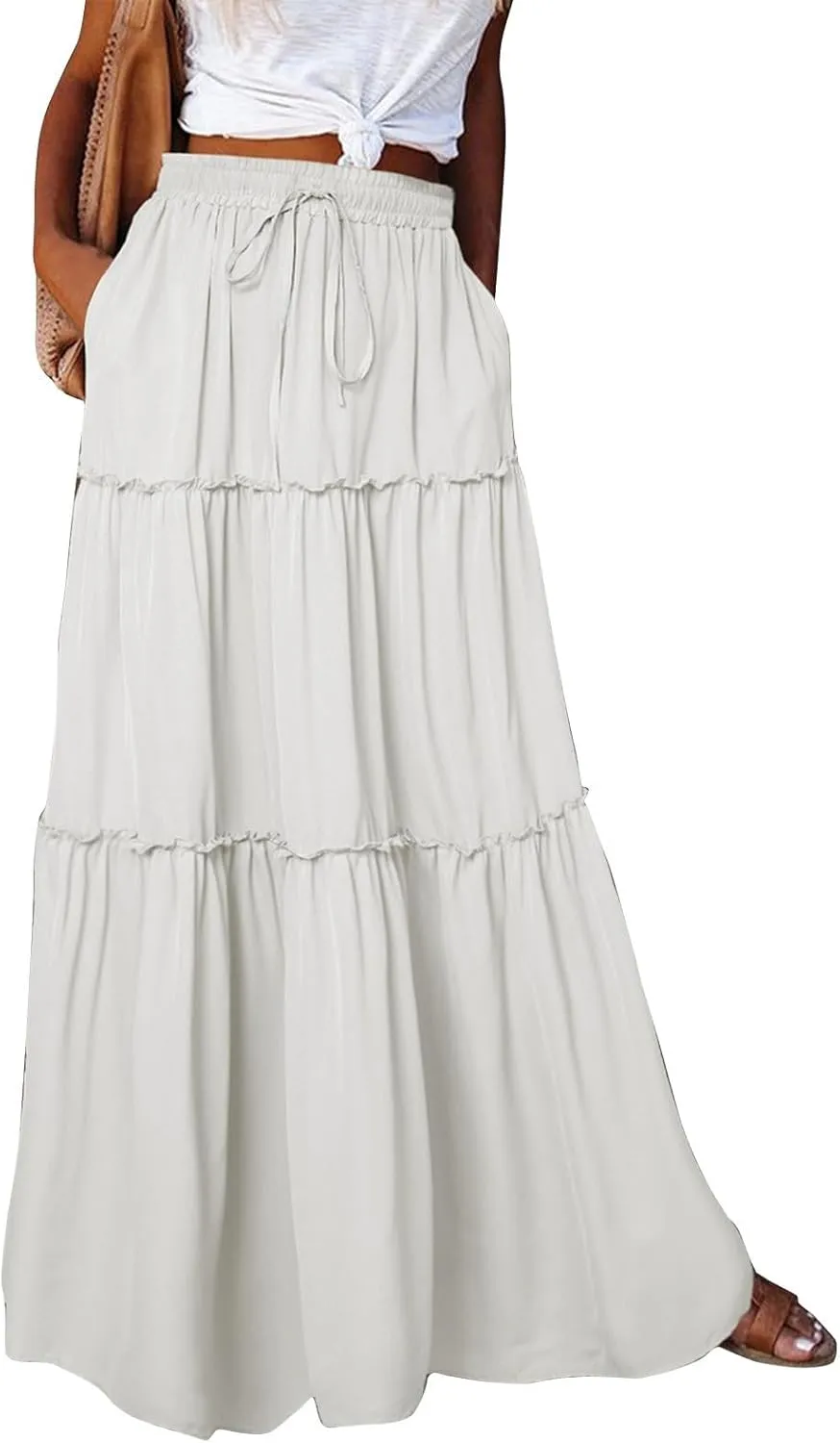 Skirts for Women,Womens Boho Maxi Skirt with Pockets Linen Flowy Long Skirts 2025 Elastic High Waisted Trendy