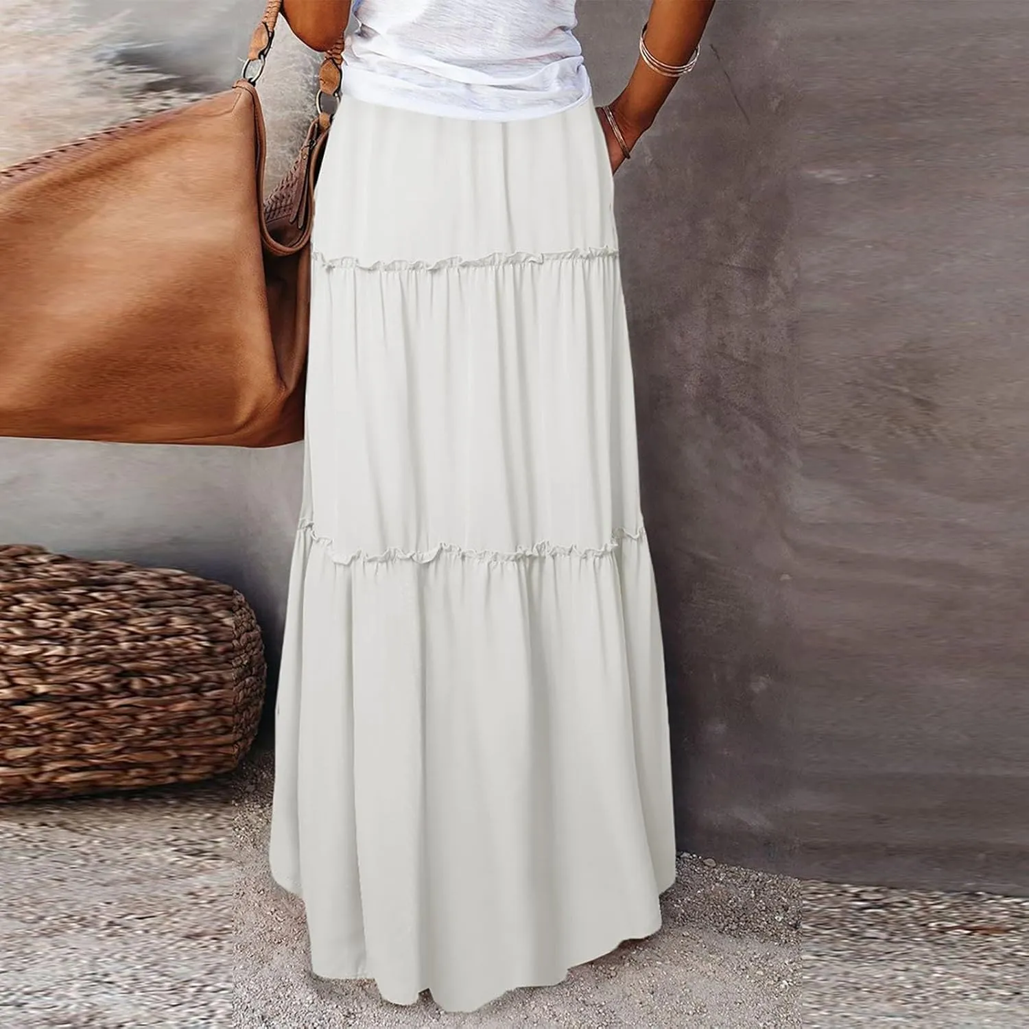 Skirts for Women,Womens Boho Maxi Skirt with Pockets Linen Flowy Long Skirts 2025 Elastic High Waisted Trendy