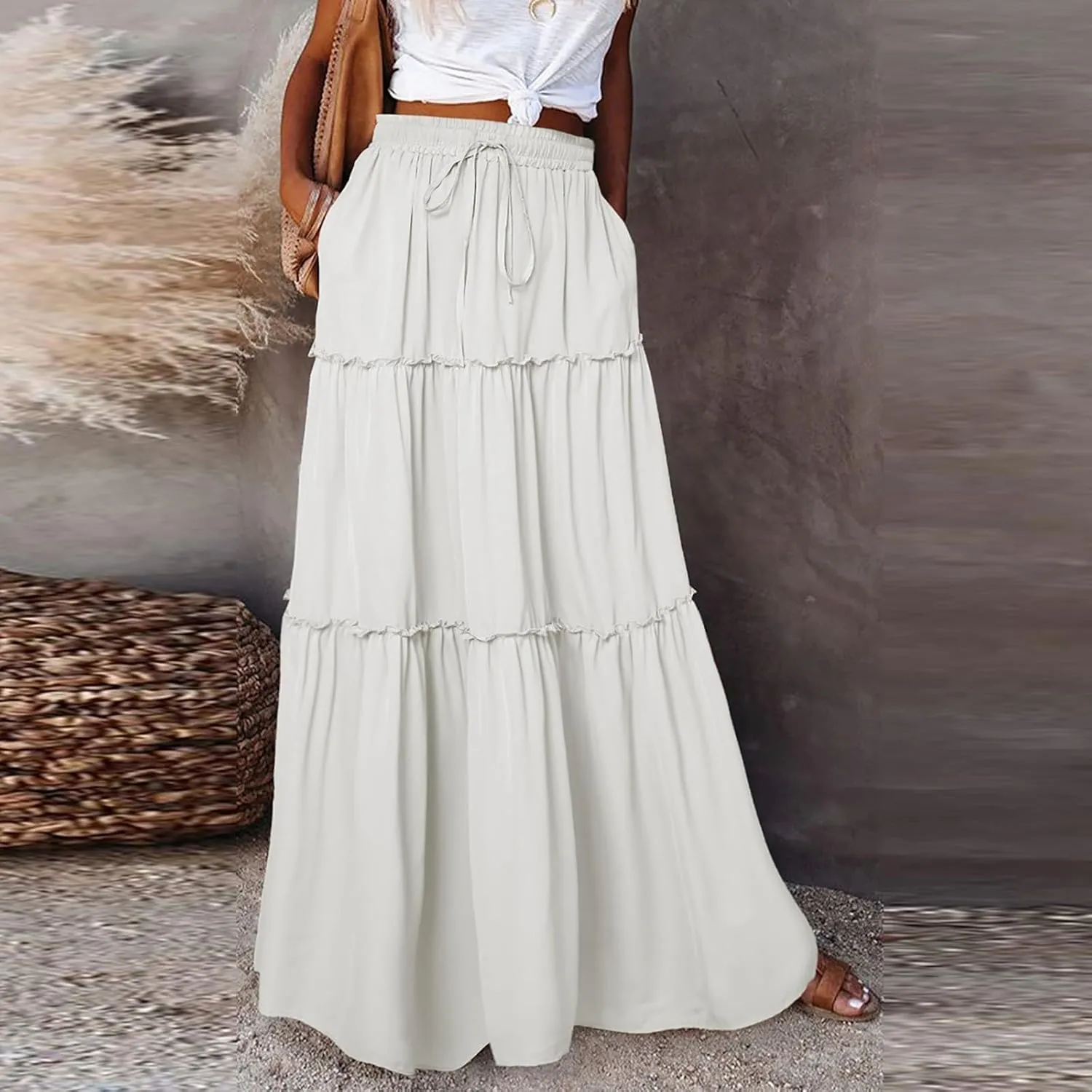 Skirts for Women,Womens Boho Maxi Skirt with Pockets Linen Flowy Long Skirts 2025 Elastic High Waisted Trendy