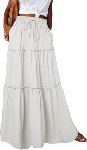 Skirts for Women,Womens Boho Maxi Skirt with Pockets Linen Flowy Long Skirts 2025 Elastic High Waisted Trendy