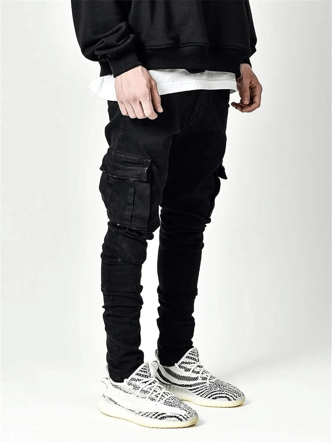 Soluo Men's Slim Fit Straight Leg Elastic Cargo Pant Fashion Casual Skinny Denim Jeans Multi Pocket Trousers