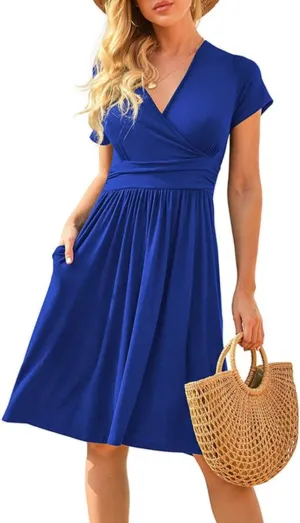Spring Summer Dresses for Women Short Sleeve Wrap V-Neck Casual Swing Dress Floral Party Midi Dress with Pockets