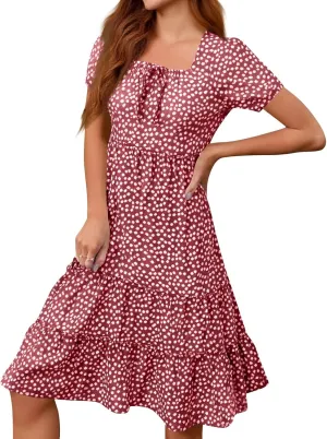 Square Neck Milkmaid Dress Women Polka Dot Chiffon Elegant Flowy Summer Dress Loose Tiered A Line Boho Beach Sundress