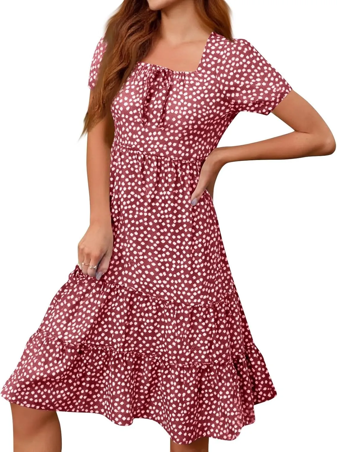 Square Neck Milkmaid Dress Women Polka Dot Chiffon Elegant Flowy Summer Dress Loose Tiered A Line Boho Beach Sundress