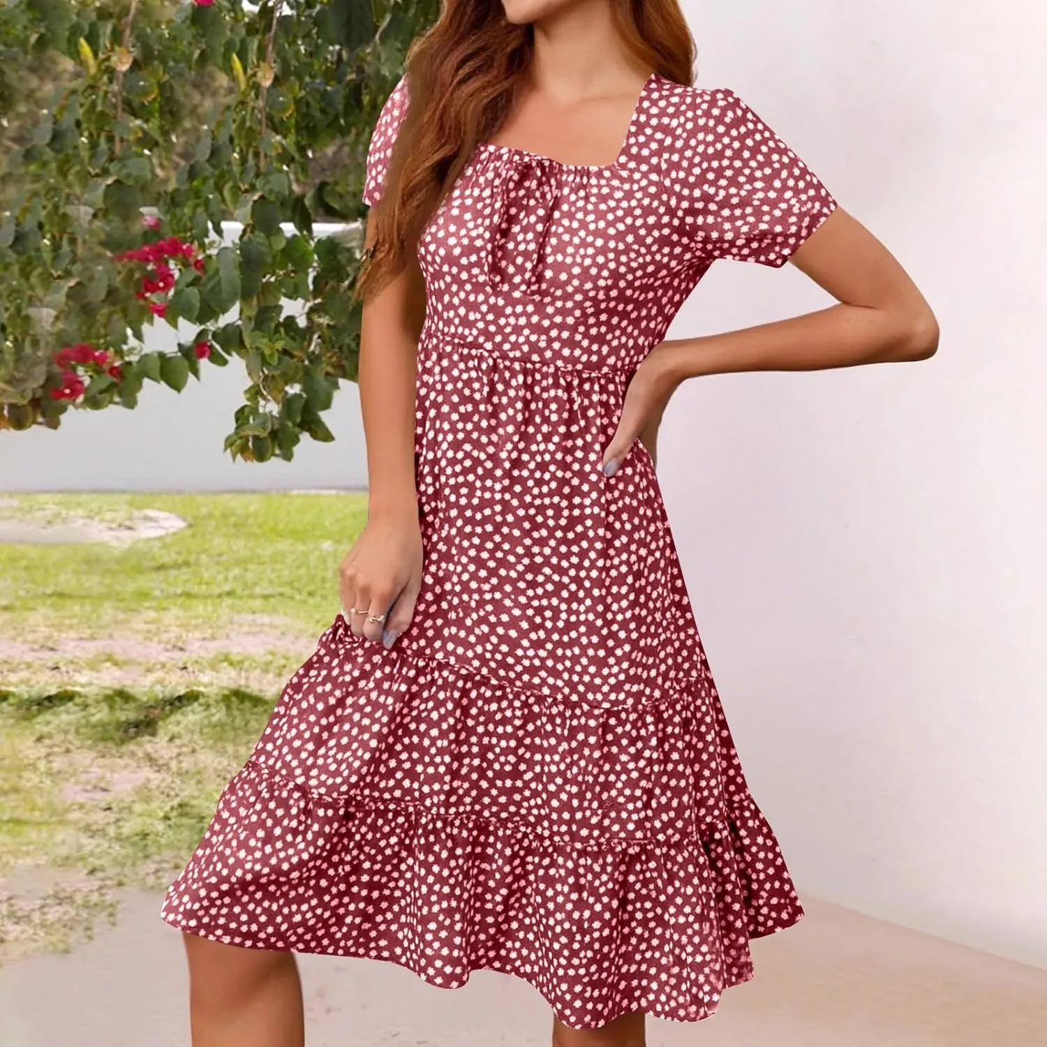Square Neck Milkmaid Dress Women Polka Dot Chiffon Elegant Flowy Summer Dress Loose Tiered A Line Boho Beach Sundress