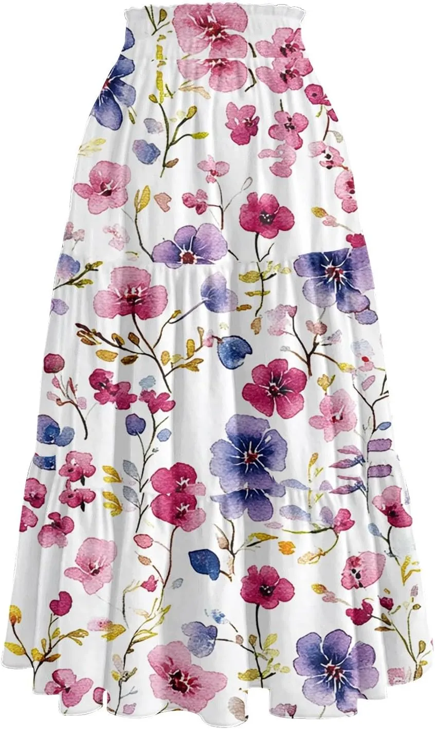 Stylish Summer Party Skirt Women Full Hems Comfy Baggy Floral Expandable Waist Skirts