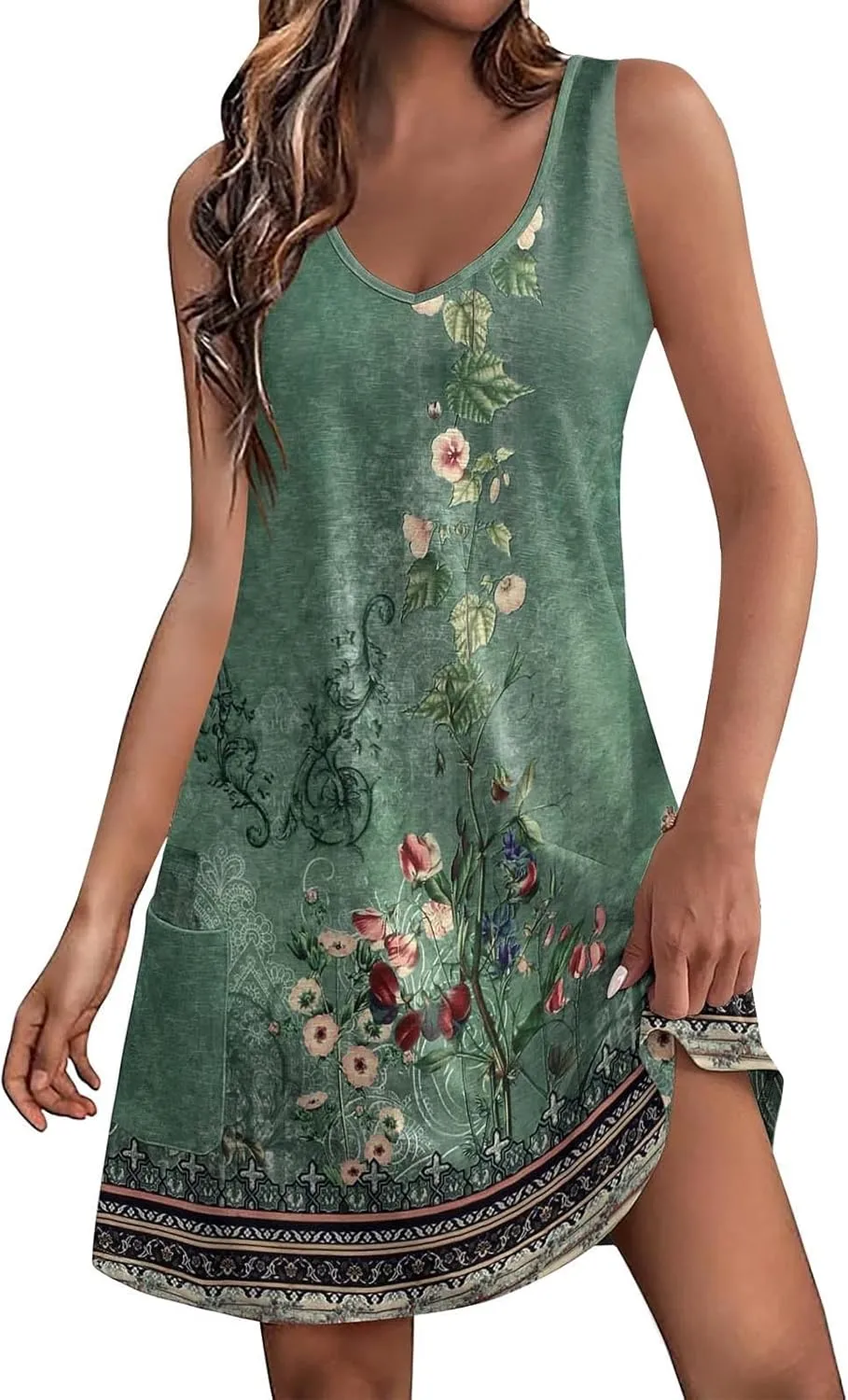 Summer Dresses for Women 2024 Women's Casual Sundress with Pockets Boho Beach Dress Floral V Neck Loose Tank Dresses