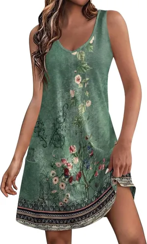 Summer Dresses for Women 2024 Women's Casual Sundress with Pockets Boho Beach Dress Floral V Neck Loose Tank Dresses