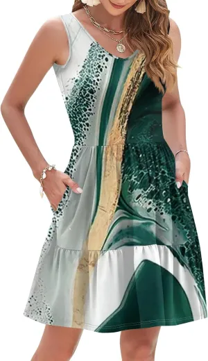 Summer Dresses for Women 2025 Printed Beach Vacation Dress Loose Fit V Neck Sundress Casual Tank Dress with Pockets