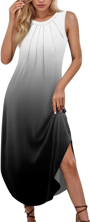 Summer Dresses for Women Loose Sundresses Prited Beach Tshirt Tank Dresses Casual Sleeveless Maxi Long Dress with Pockets