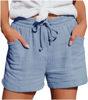 Summer Linen Shorts for Women Drawstring Loose Comfy Shorts Elastic Waist Casual Lightweight Shorts with Pockets