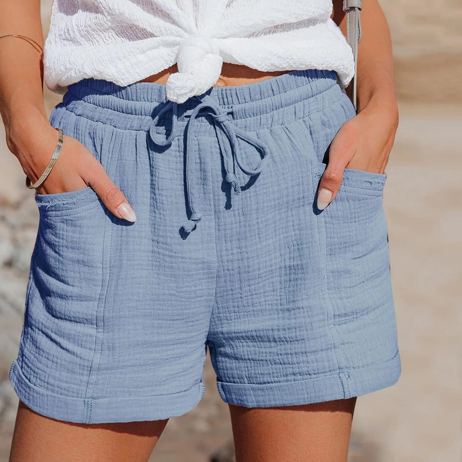 Summer Linen Shorts for Women Drawstring Loose Comfy Shorts Elastic Waist Casual Lightweight Shorts with Pockets