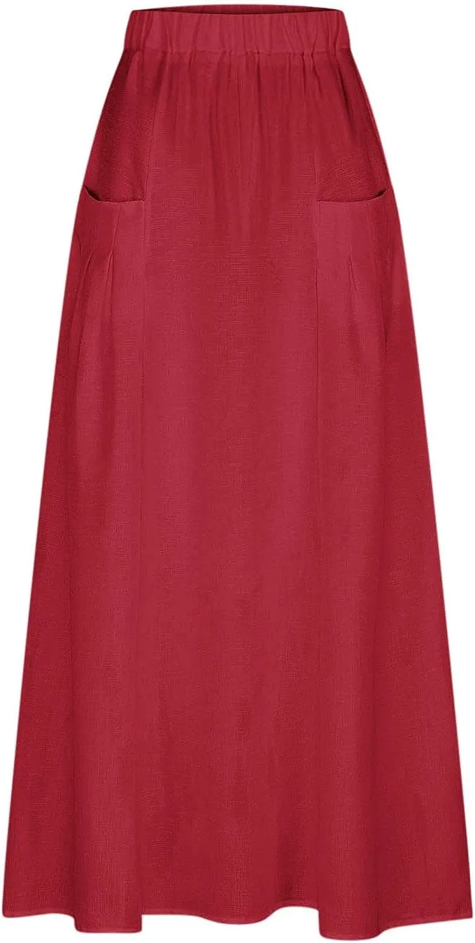 Summer Skirts for Women Long Boho Skirts with Pockets Plus Size Casual Skirts Elastic Waist Beach Skirt Cruise Wear